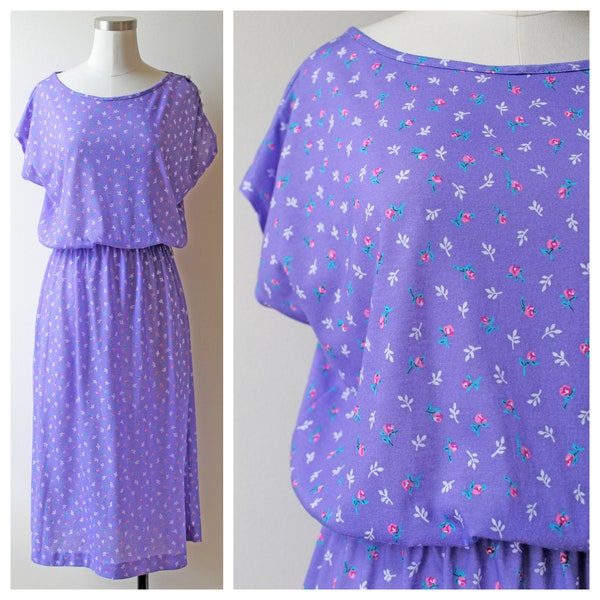 1980s Vintage Purple Pink White Teal Floral Printed Short Sleeve Stretch Dress | Floral Print Dresses | Purple Dress | Vintage Dresses
