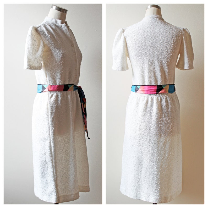 1970s White Popcorn Knit Split Neck Button Down Stretch Dress w/ Multicolor Neon Mosaic Belt Dresses Vintage Clothing Vintage Dresses image 2