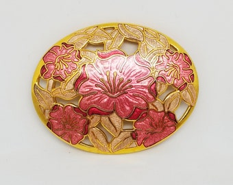 Vintage Cloisonne Enamel Pink & Red Flower Oval Cutout Brooch | Wedding | Bridal Shower | Prom | Bride | Bridal Pins | Brooch | Brooches