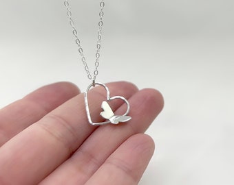 Flower Bloomed In My Heart - Heart necklace, Butterfly necklace, Silver heart and butterfly, Sterling silver