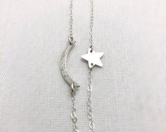 Always With You - Sterling silver moon and star necklace, Hammered crescent moon, Rustic jewelry, Can be personalized