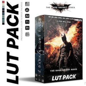 May include: A box with a black and white image of Batman on the front. The box is labeled "The Dark Knight Rises LUT Pack" and "A Fire Will Rise".