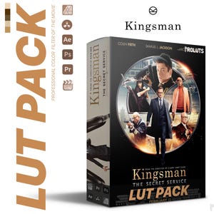Peut inclure: Pack de LUT Kingsman: The Secret Service, un filtre de couleur professionnel pour les monteurs de films. La boîte présente une affiche de film avec Colin Firth et Samuel L. Jackson. Le texte "Kingsman: The Secret Service LUT Pack" est en grandes lettres grasses.