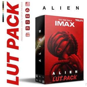 May include: A red and black box with the text "ALIEN LUT PACK" and "FACE YOUR FEAR IN IMAX" on it. The box features a close-up of an alien creature with a red face and a black helmet.