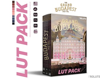 Può includere: Una scatola rosa e bianca con il testo "The Grand Budapest Hotel LUT Pack" sul davanti. La scatola è una rappresentazione 3D dell'hotel del film "The Grand Budapest Hotel".