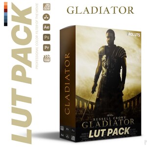 May include: A brown box with the text "GLADIATOR LUT PACK" and a picture of Russell Crowe as Maximus Decimus Meridius from the movie Gladiator. The box is labeled "Professional Color Filter of the Movie".