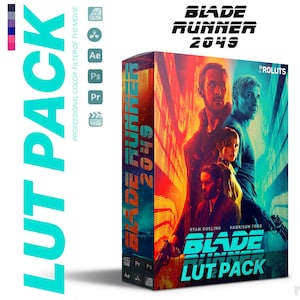 Può includere: Una scatola con un design colorato che presenta il testo "Blade Runner 2049 LUT Pack" e immagini di Ryan Gosling e Harrison Ford. La scatola è etichettata "ProLuts" e include il testo "Filtro colore professionale del film".