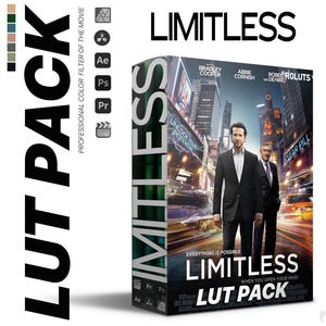 Puede incluir: Una portada de producto para un paquete de LUT con temática de película llamado "Limitless". La portada presenta una ciudad con un hombre con traje caminando por la calle. El texto "Todo es posible" y "Limitless" se muestra en la portada.