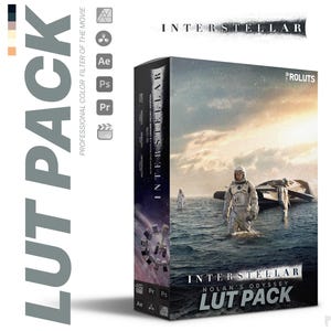 Pode incluir: Uma caixa de filtros de cor para edição de vídeo, com uma cena espacial do filme Interstellar. A caixa é etiquetada como "Interstellar Nolan's Odyssey LUT Pack".