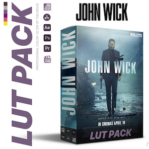 Può includere: Una scatola con un design blu e bianco con il testo "John Wick" e "LUT PACK". La scatola è un filtro colore per film e presenta un'immagine di Keanu Reeves nei panni di John Wick sul davanti.