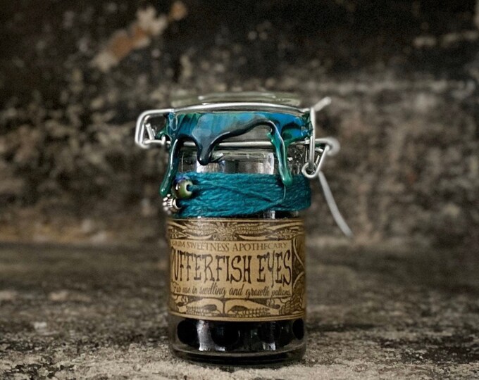 Pufferfish Eyes, a Magical Potion Ingredient Apothecary Jar, Bookshelf