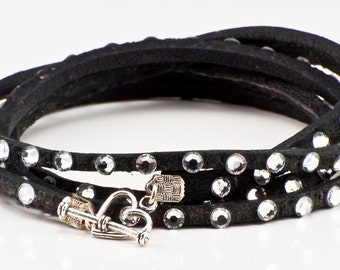 Leather and crystal wrap bracelet in black with clear Swarovski Crystals