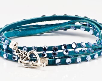 multi wrap swarovski crystal and leather wrap bracelets in turquoise