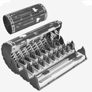 以下が含まれることがあります： 黒とグレーの128-in-1精密ドライバーセット。セットには、さまざまなビットとツールが含まれており、グレーのケースに整理されています。ケースは開いており、ツールが表示され、円筒形のケースが上に表示されています。