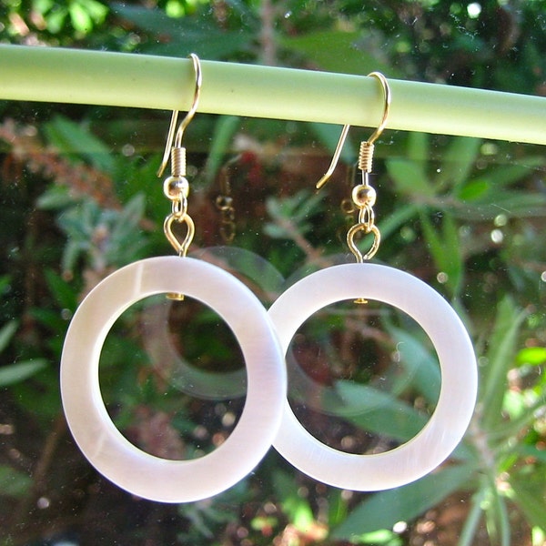 White hoop earrings, Genuine MOP mother of pearl shell earrings with gold or silver plated earwires