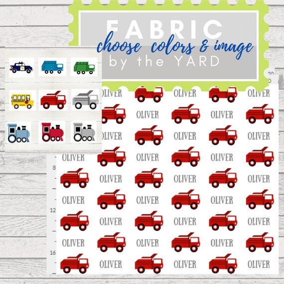 PERSONALIZED Trains & Trucks Name Fabric by the  Yard - 1 Name | Gauze, Quilting, Linen, Cotton, Minky, Fleece, Organic Cotton, DIY