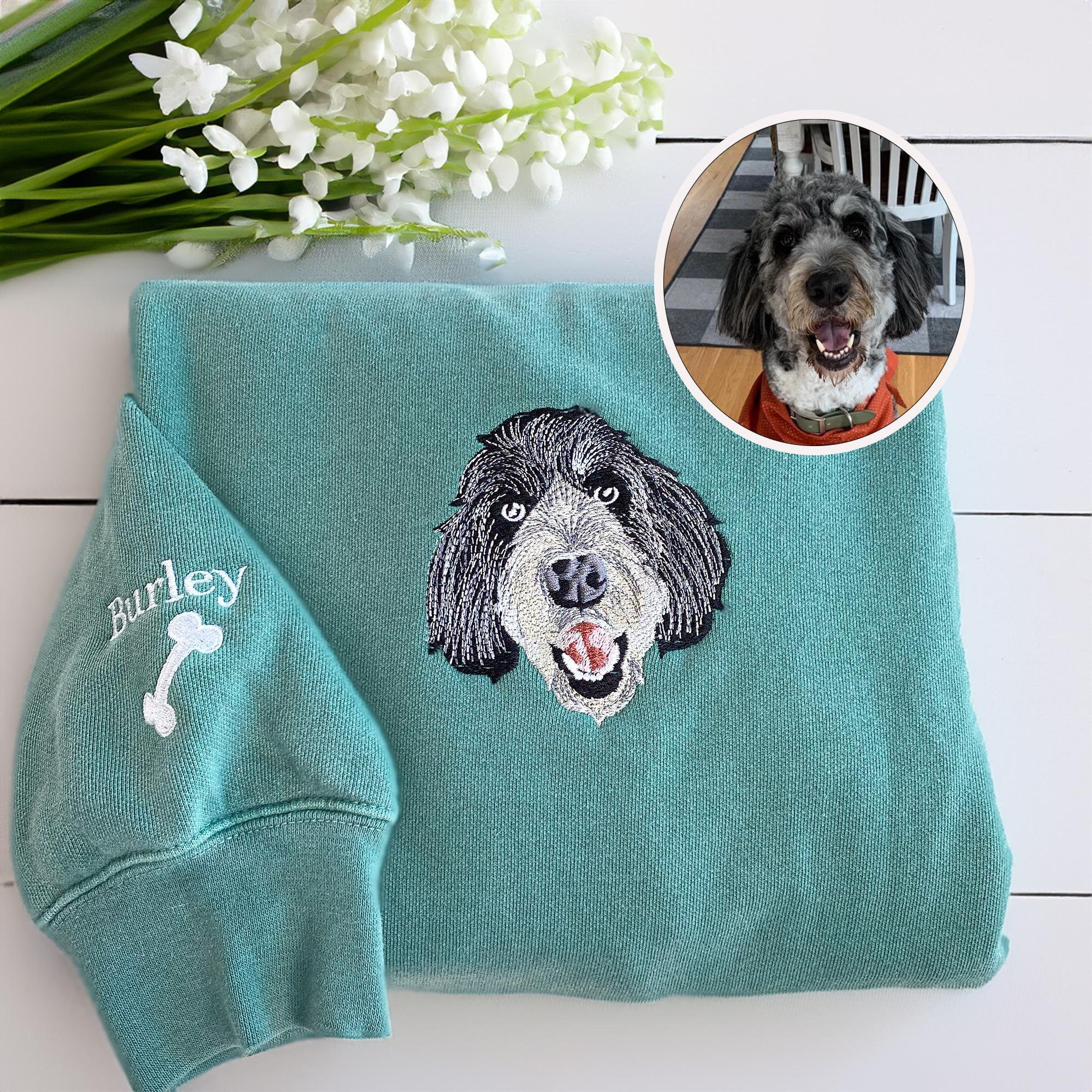 Comfort Colors® Custom Embroidered Pet Sweatshirt From Your Photo - Dog Cat Face Crewneck - Pet Sweatshirt With Pet Name - Father's Day Gift
