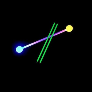 May include: Two glow sticks with brightly colored glowing tips. One stick is green and the other is purple. The tips are a bright blue and yellow.