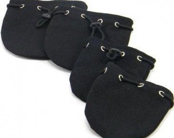 May include: A collection of small, black drawstring pouches. Each pouch is made of a soft fabric and features a drawstring closure with metal eyelets. The pouches are arranged in a slightly overlapping pattern against a white background.