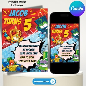 May include: A printable birthday invitation for a child turning five. The invitation features a red, blue, and yellow comic book style design with cartoon characters. The text on the invitation reads "Jacob Turns 5" and includes the date, time, and location of the party. The invitation also includes a phone number for RSVP.