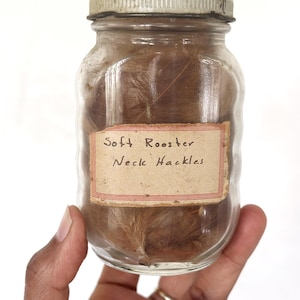 May include: A clear glass jar with a metal lid, filled with brown feathers. A label on the jar reads "Soft Rooster Neck Hackles" in black text with a red border. The jar is held by a hand.