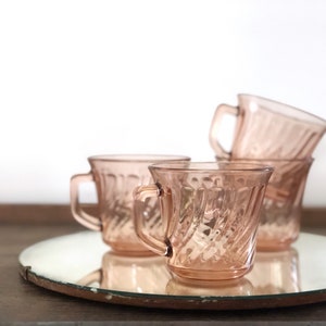 Vintage pink depression glass teacups Fortecrisa set of four blush mugs image 1