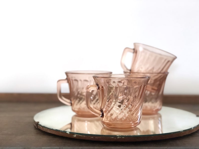 Vintage pink depression glass teacups Fortecrisa set of four blush mugs image 1