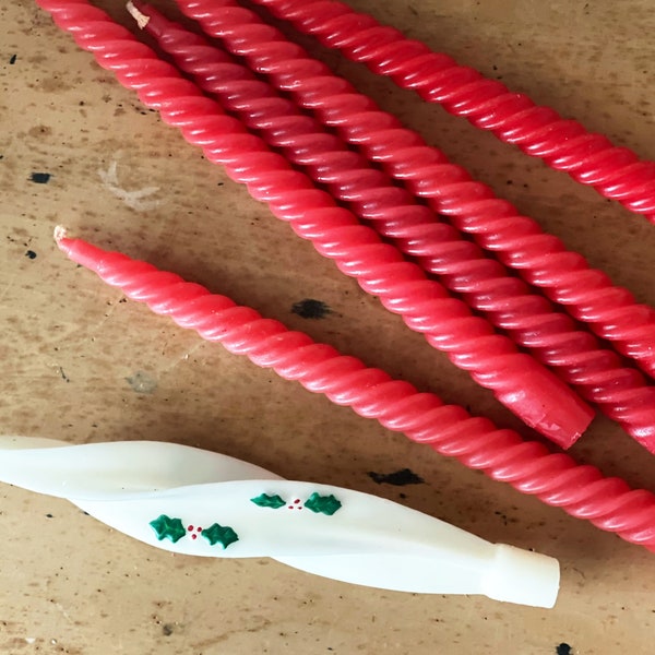 Vintage spiral wax taper candles | red | white Xmas holly | twisted candlestick | Christmas