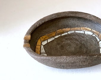 Vintage midcentury Italian ceramic ashtray | Fratelli Fanciullacci | mosaic design | incense holder | art pottery | brown and gold metallic