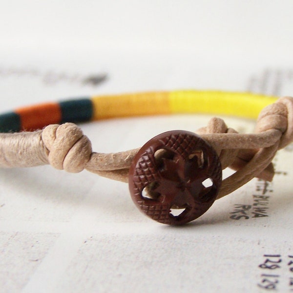 COOPER bracelet - textile, leather, vintage button closure (canary mango spruce carrot stone), handmade jewelry