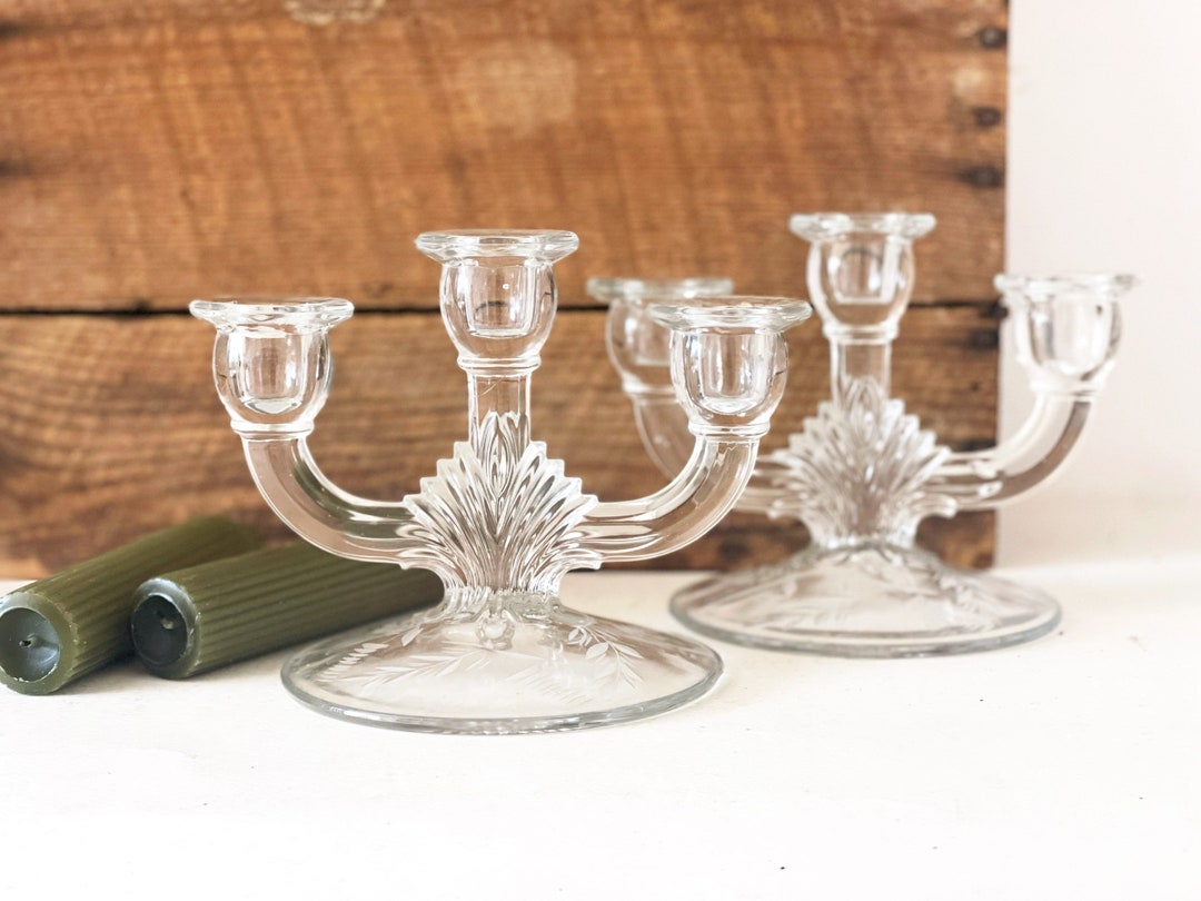 Vintage Depression Glass Candle Holder Set of 2 Short Candlestick