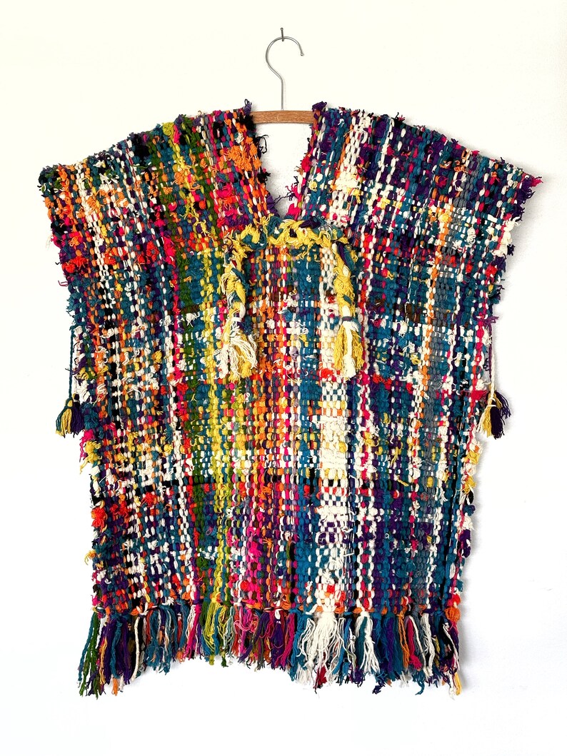 Vintage handwoven tweed poncho colorful bright image 1