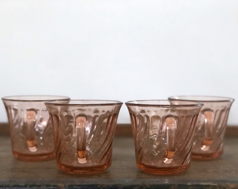 Vintage pink depression glass teacups Fortecrisa set of four blush mugs image 3