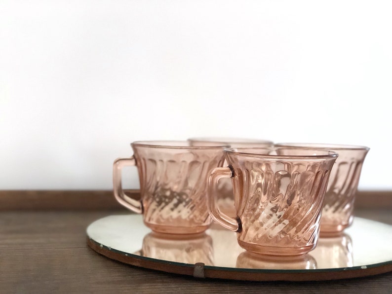 Vintage pink depression glass teacups Fortecrisa set of four blush mugs image 2