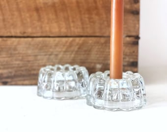 Vintage glass candle holder set | short candlestick holders for taper