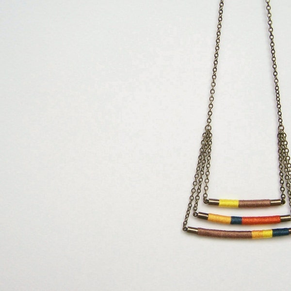 swing tier DAVIS necklace - textile and leather with antiqued brass chain (canary spruce mocha mango carrot)