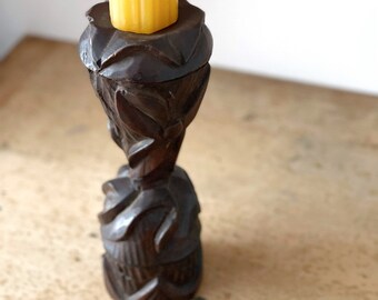 Vintage wood sculpture | carved wooden column | carving | candle holder | stand