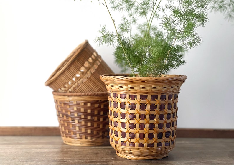 rattan planter baskets Vintage bamboo wicker houseplant basket set of three houseplants indoor plant
