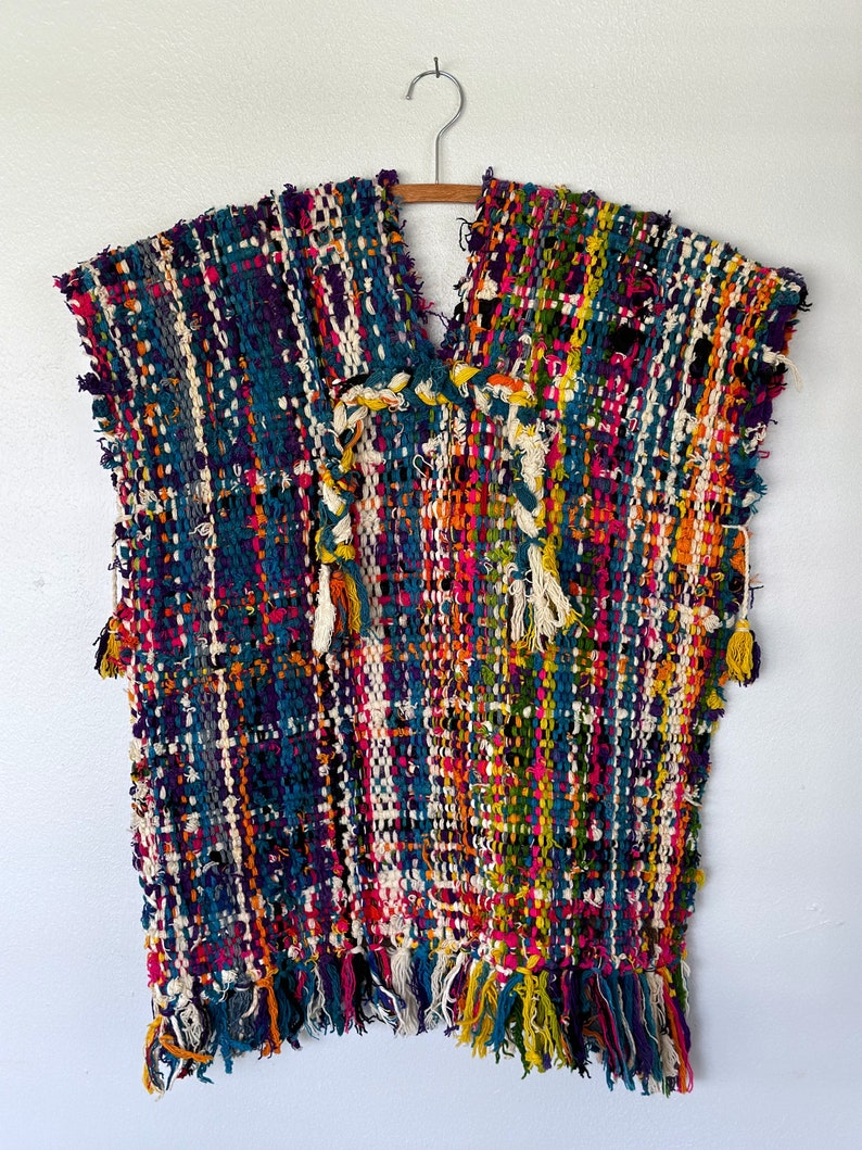 Vintage handwoven tweed poncho colorful bright image 4