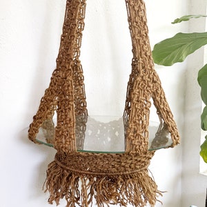 Vintage macrame hanging table with glass tabletop | fiber art | woven furniture