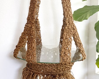 Vintage macrame hanging table with glass tabletop | fiber art | woven furniture