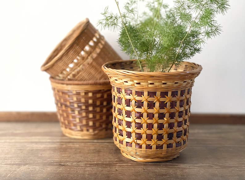 rattan planter baskets Vintage bamboo wicker houseplant basket set of three houseplants indoor plant