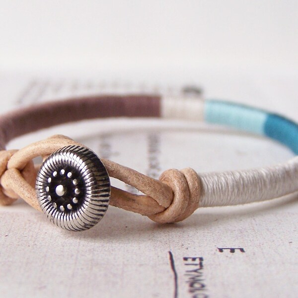 COOPER bracelet - textile, leather, button closure (dove stone aqua pacific), handmade jewelry