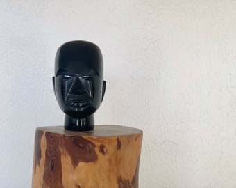 Figura de cabeza de obsidiana de brillo dorado vintage / mexicano / maya azteca / estatua / estatuilla