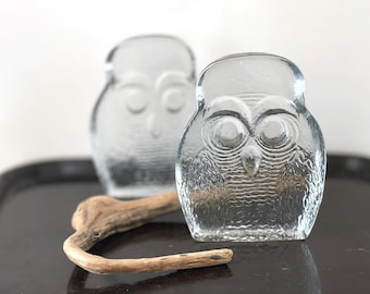 Vintage glass owl bookends set | Blenko marble bookend