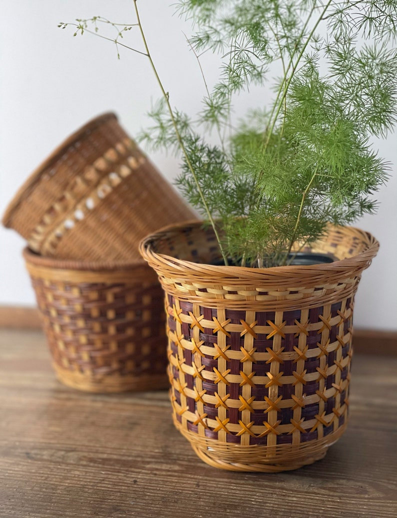 rattan planter baskets Vintage bamboo wicker houseplant basket set of three houseplants indoor plant