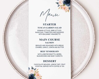 Navy & Blush Floral Wedding Menu Template, 4x8 inch, Editable Menu, Self-Edit, Canva, NBF