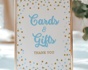 Cards & Gifts Party Table Sign, Blue and Gold Glitter, Instant Download, BGG