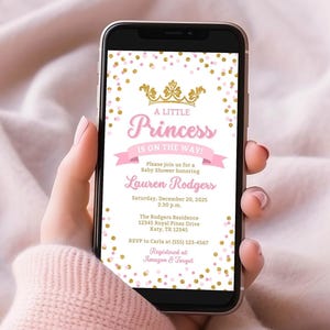 Plantilla de invitación electrónica para baby shower de princesa, invitación para smartphone en rosa y dorado, editable, Canva