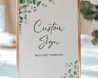 Eucalyptus Greenery Custom Shower Table Sign, Self-Edit, Canva